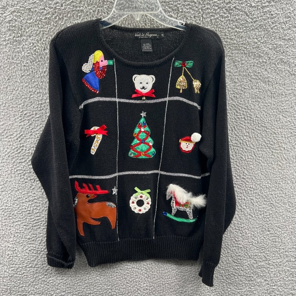 Work In Progress Womens Ugly Christmas Sweater M Black 90s Applique Beaded Retro